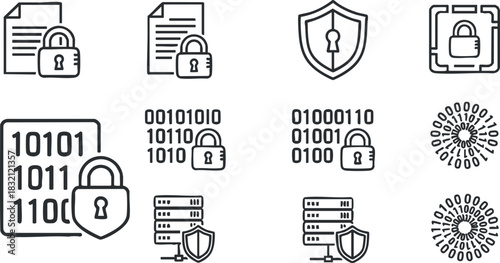 A collection of cybersecurity icons featuring locks, shields, and binary code in clean outline vector style, ideal for tech and security projects