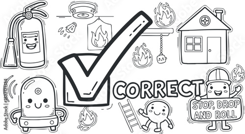 A collection of fire safety icons including a check mark, extinguisher, alarm, and cartoon characters in playful outline vector style, ideal for educational materials