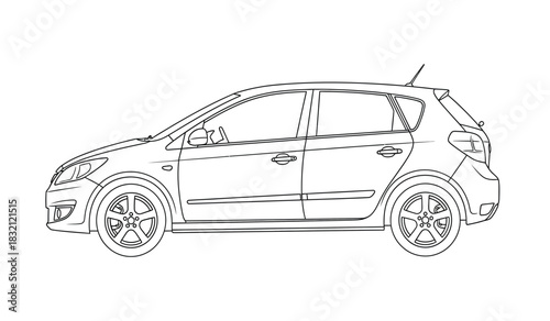 Compact car line art illustration modern hatchback vehicle with detailed wheels and sleek design black and white automotive drawing in silhouette style silhouette