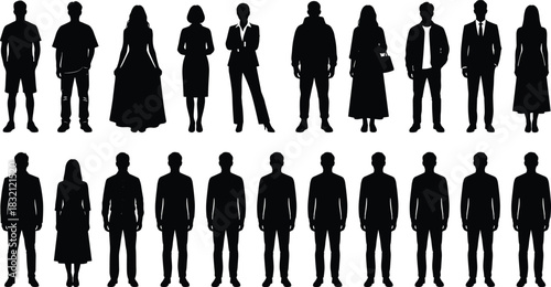 Large collection of people silhouettes, men and women standing in business and casual clothes, black vector figures set isolated.