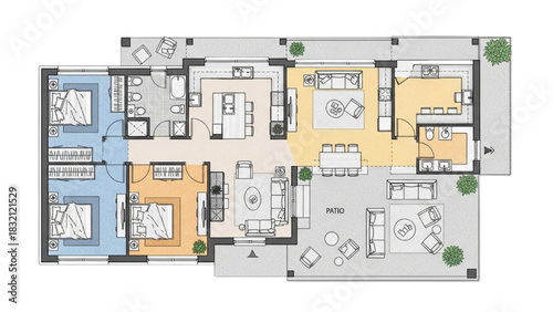 Modern Single-Story House Floor Plan – Colorful Architectural Layout Design