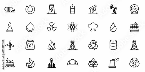 Collection of energy and industry related icons in a simple line art style