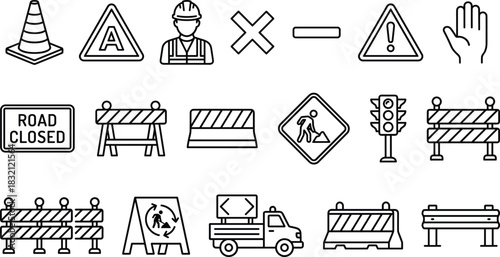 Road construction icons set, traffic safety signs, barrier, cone, worker, and warning symbols, black line vector illustration collection.