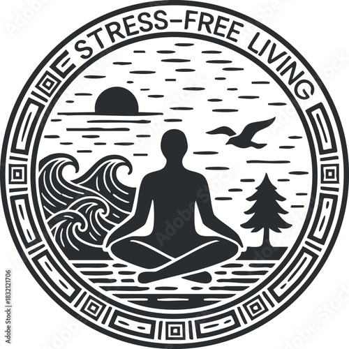 A stress-free living symbol featuring a meditating figure with waves, sunset, and nature elements in black and white vector style, ideal for wellness branding
