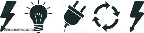 Energy icons set featuring lightning bolts, glowing light bulb, electric plug, and recycle arrows for power solutions. Vector