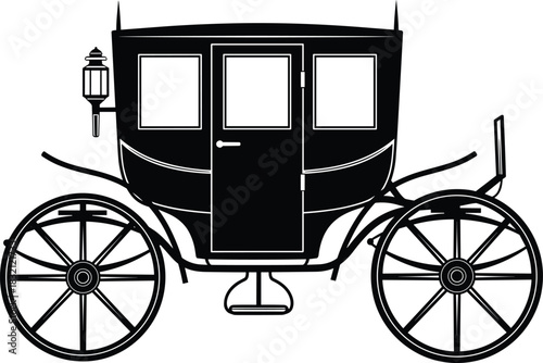 Black silhouette of an antique horse-drawn carriage or coach with lanterns and large spoked wheels, depicting vintage luxury travel and transport vector illustration on white.