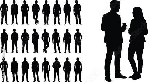 Collection of standing male silhouettes and business couple talking, black vector people figures set isolated on white background, illustration.