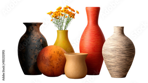 Collection of decorative ceramic vases with flowers isolated on transparent background
