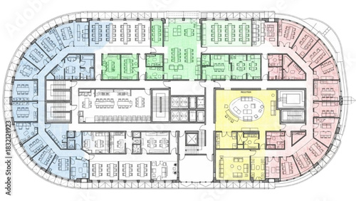 Colorful Architectural Office Floor Plan Layout with Cubicles, Meeting Rooms, Reception and Corridors