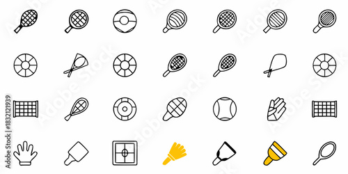 Collection of sports equipment icons including rackets balls nets and gloves