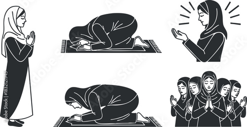 A set of Muslim women in various poses of prayer and worship in black and white vector style, suitable for religious and cultural projects