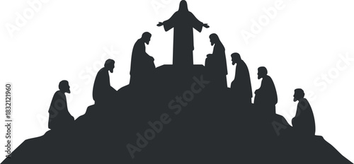 A silhouette of Jesus and his disciples on a mountain in minimalist vector style, ideal for religious illustrations