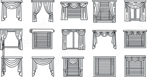 A collection of various window treatment designs including curtains and blinds in black outline vector style, suitable for interior design projects