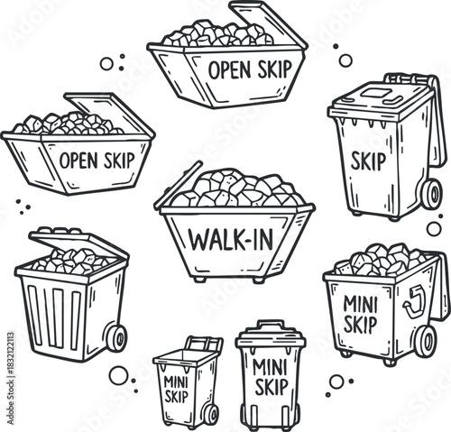 A collection of various skip bins including open skip, walk-in, and mini skips in black and white outline vector style, ideal for waste management and recycling projects