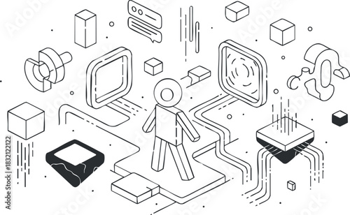 A digital illustration of a user interacting with various technology icons in minimalist outline vector style, suitable for tech branding and web design