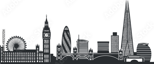A London skyline illustration featuring iconic landmarks like Big Ben, the London Eye, and the Shard in black and white minimalist vector style, perfect for travel and tourism designs
