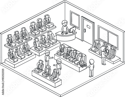 A furniture showroom displaying various seating options in isometric outline vector style, ideal for interior design projects