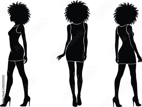 Black woman silhouette set with natural afro curly hair, beautiful African American figure in short dress and heels for fashion, beauty, and ethnic vector illustration content.