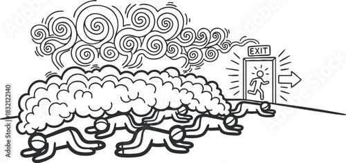 A chaotic scene of people crawling towards an exit door through smoke in a minimalist line art vector style, suitable for safety awareness campaigns