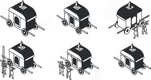 A set of vintage horse-drawn wagons in black and white outline vector style, ideal for historical illustrations and educational projects