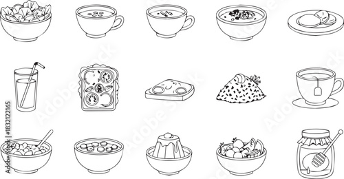 Collection of Breakfast Food and Drink Line Art Illustrations.