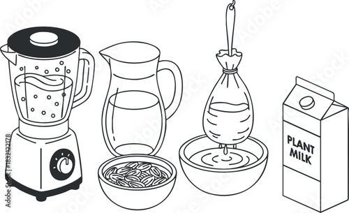 A blender, jug, nuts, and plant milk bag in clean outline vector style, suitable for healthy cooking concepts