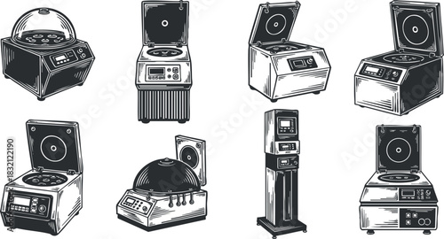 A collection of vintage record players and turntables in black and white vector style, perfect for music-themed projects and retro designs