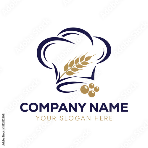 Elegant bakery logo with chef hat and wheat grain elements in navy blue and gold vector illustration for restaurant or catering brand
