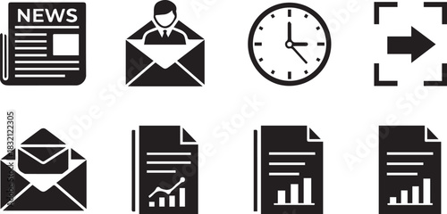 Collection of business and communication icons representing information and progress.