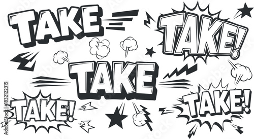 A set of explosive 'TAKE!' speech bubbles in black and white comic style, ideal for dynamic graphic design projects