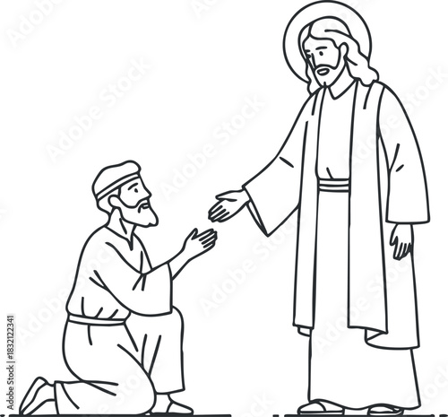 A kneeling man reaching out to Jesus in a minimalist black and white line art style, ideal for religious illustrations or spiritual themes