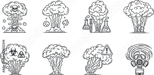 A collection of explosion and hazard icons featuring smoke clouds, warning symbols, and laboratory elements in outline vector style, suitable for safety and environmental illustrations