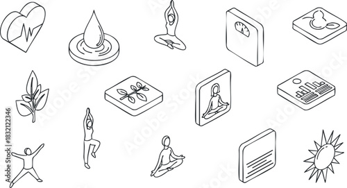 A collection of wellness and fitness icons featuring yoga poses, nature elements, and health symbols in minimalist outline vector style, perfect for health and lifestyle projects