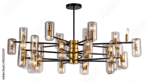 Modern gold and glass chandelier isolated on transparent background