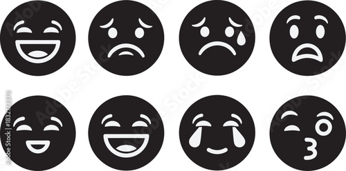 Emotional emoji set vector illustration with various facial expressions displaying joy, sadness, happiness, crying, and a kiss. Vector