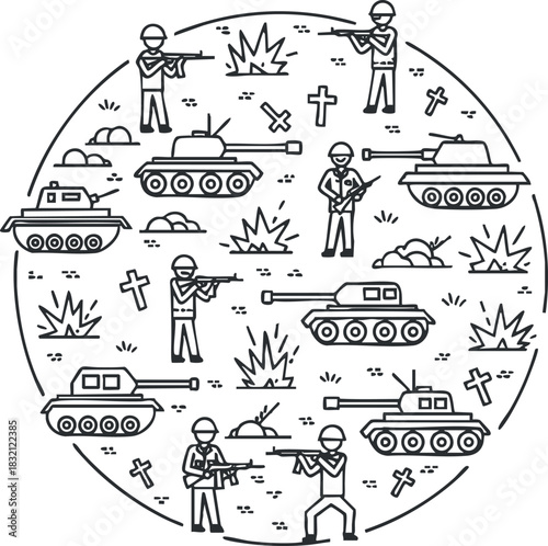 A collection of military tanks and soldiers engaged in battle in an outline vector style, suitable for war-themed projects