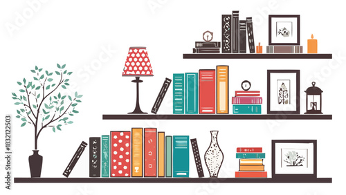 Cozy bookshelf illustration with books, plants and decor, perfect for adding a touch of warmth to any design project or presentation, originally from vector art