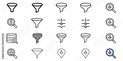 Collection of simple outline icons representing data filtering and search functions