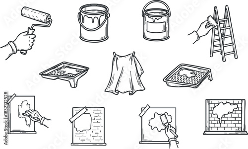 A collection of hand-drawn painting tools including rollers, brushes, and buckets in minimalist black and white vector style, ideal for home renovation projects