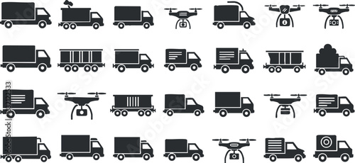 A collection of various delivery trucks and drones in black and white outline vector style, ideal for logistics and transportation designs