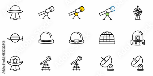 Collection of simple line art icons representing astronomy and space exploration