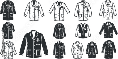 A collection of black and white lab coats in various styles, featuring pockets and details, ideal for medical and scientific themes
