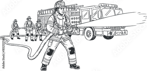 A group of firefighters in action with a fire truck and hose in detailed black and white outline style, ideal for educational materials and emergency services branding