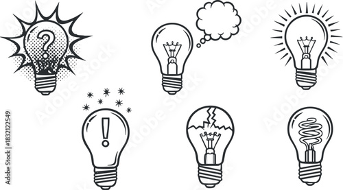 A collection of light bulbs with different expressions and ideas in black and white outline vector style, perfect for creative projects and branding
