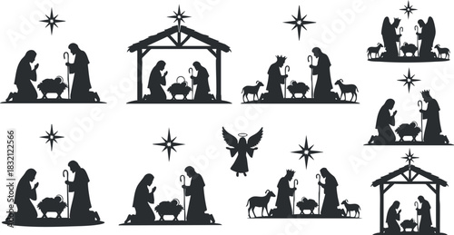 A collection of nativity scene silhouettes featuring Mary, Joseph, baby Jesus, angels, and animals in black vector style, ideal for Christmas decorations and holiday themes