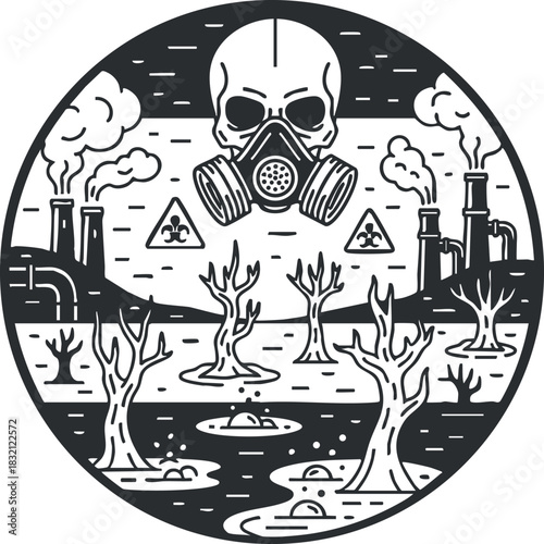 A toxic landscape with a skull wearing a gas mask and industrial factories in black and white vector style, suitable for environmental awareness themes