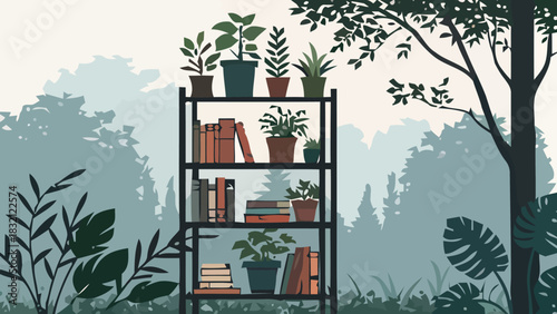 Serene bookshelf illustration with indoor plants and books, bringing nature indoors, vector design for peaceful home decor and reading nooks