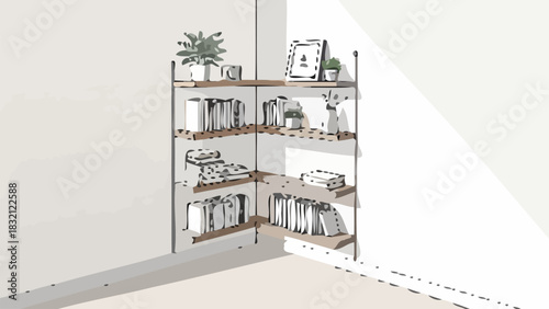 Stylish corner bookshelf with books, décor, and plant, bringing cozy vibes and organization to a room, perfect for interior design inspiration