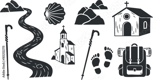 A collection of hiking and pilgrimage icons including a winding path, mountains, church, backpack, and footprints in black and white minimalist vector style, ideal for outdoor adventure designs