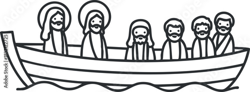 A group of disciples with Jesus in a boat on water in minimalist line art vector style, suitable for religious illustrations